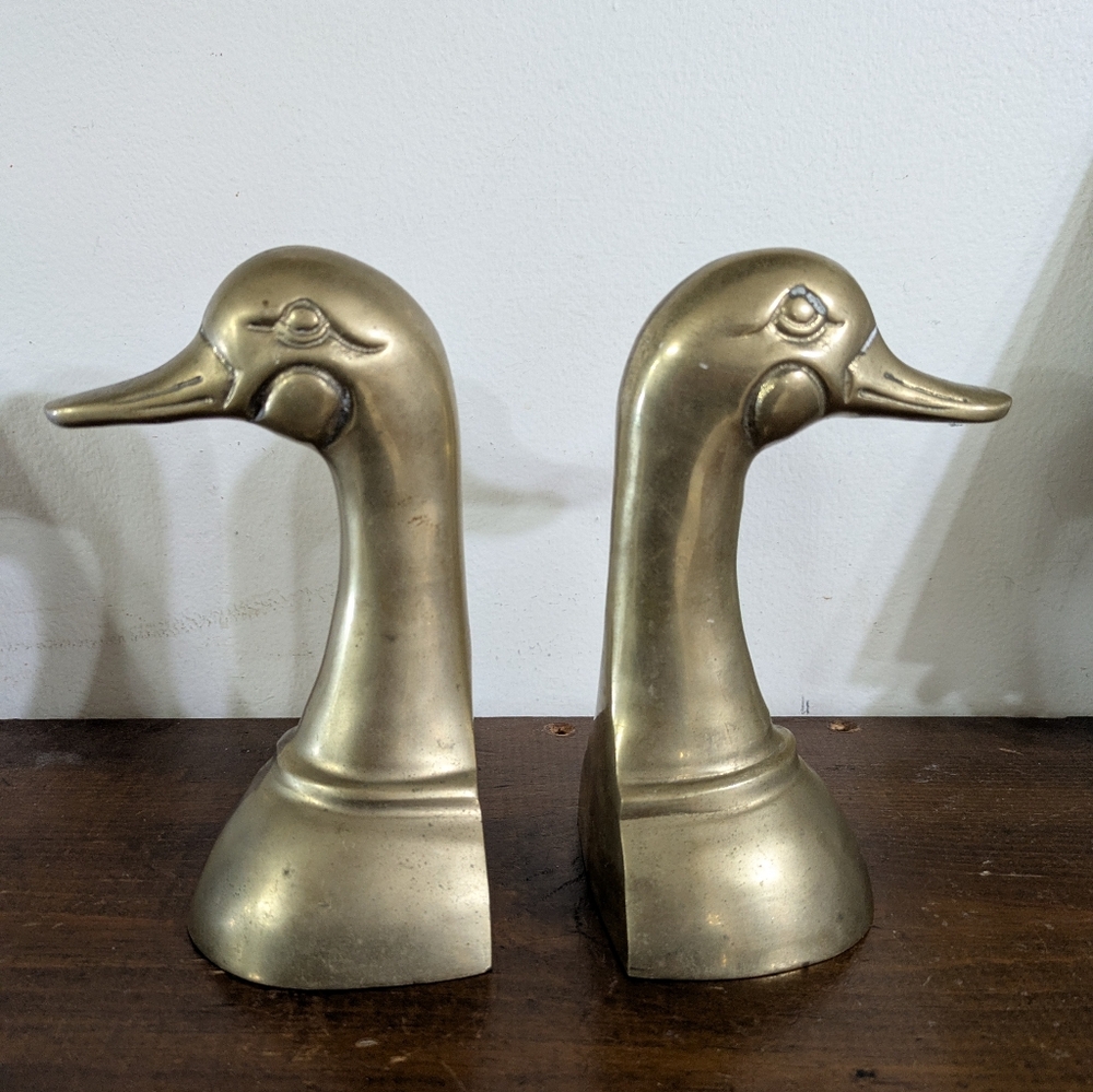 Vintage Brass Duck Head Bookends - Pair Set of 2 Mid-Century Modern Home Decor